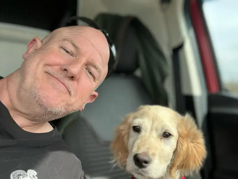 Dog Transport on the front seat of secured van during rest stop